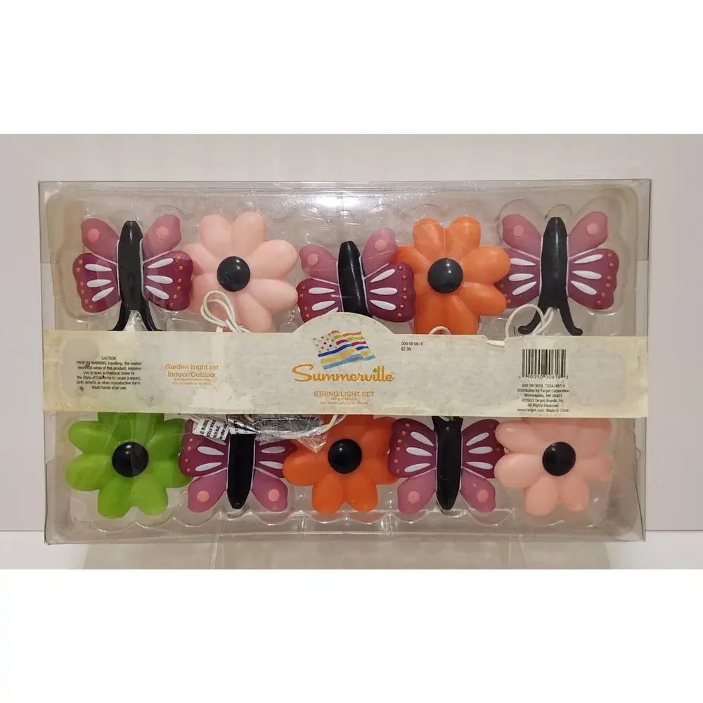 Vintage Butterfly & Flower Blow Mold String Lights Patio Indoor/Outdoor Set Of 2